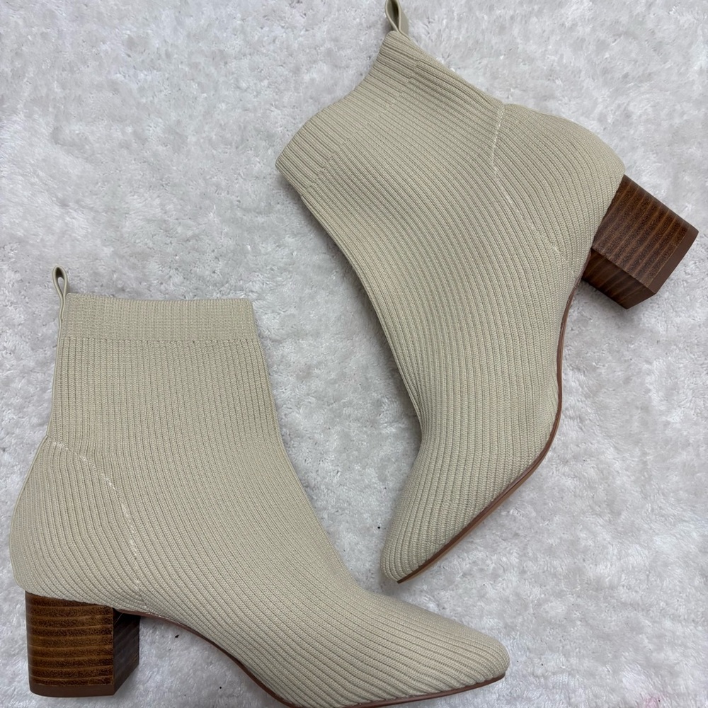 Joie Cream Ribbed Knit Ankle Booties with Stacked Heel